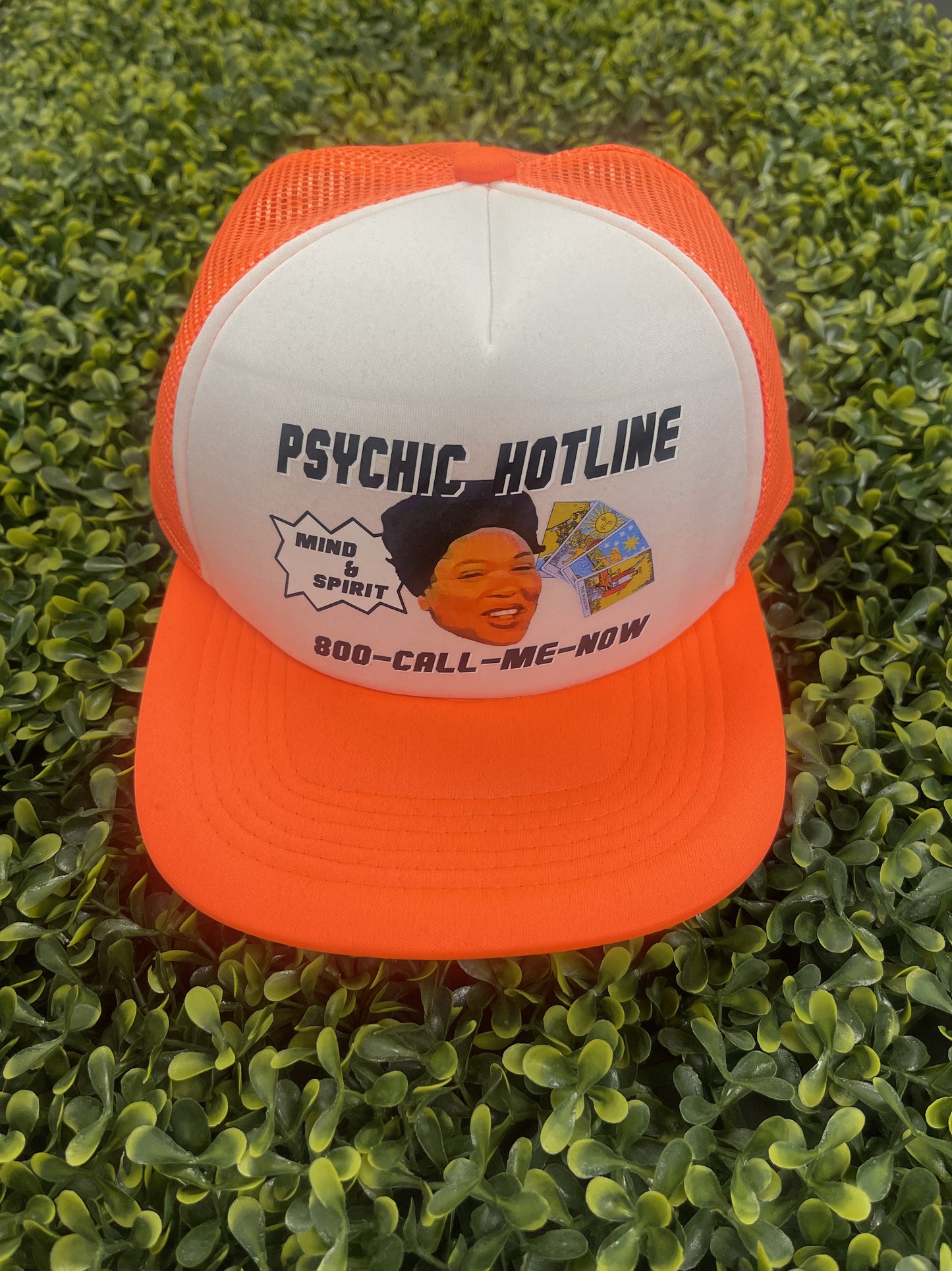 Psychic Hotline Trucker Hat (Neon Org/Wte)