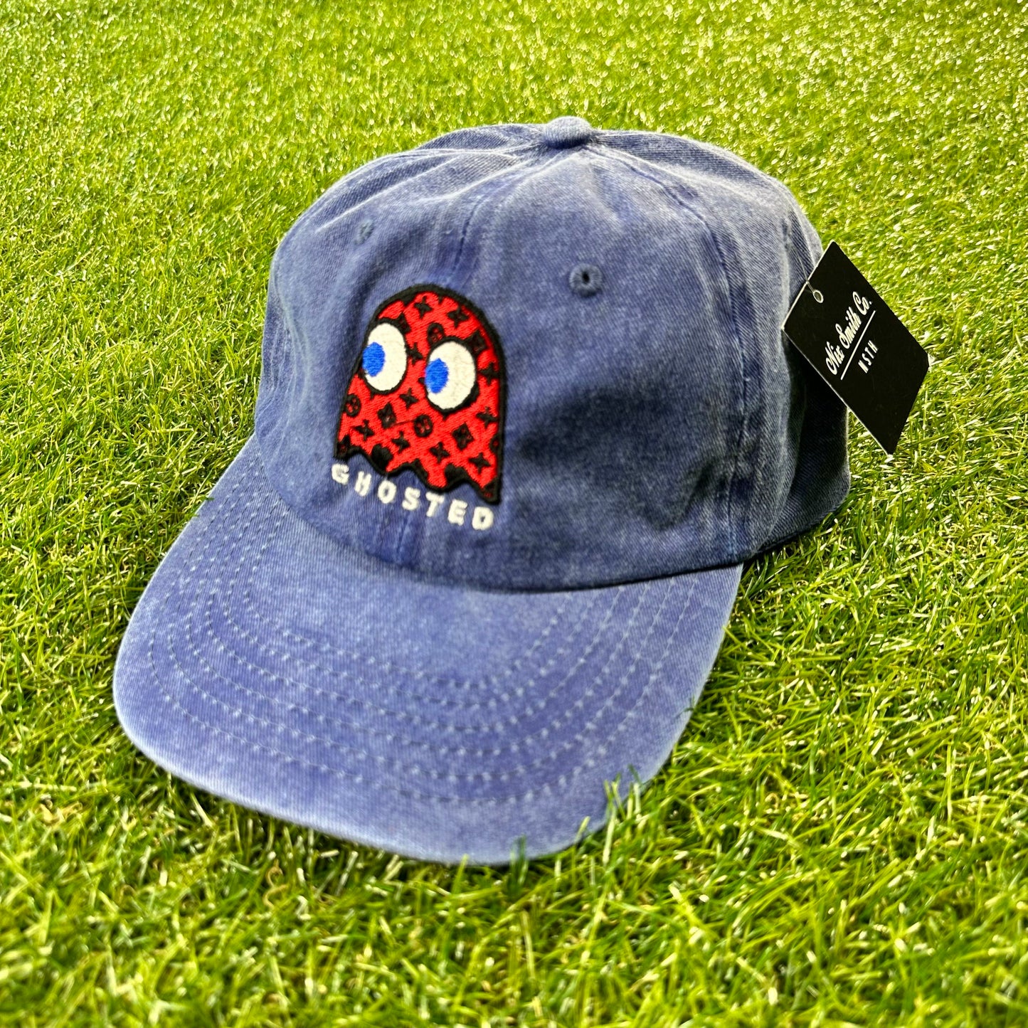 Ghosted Red Pacman Dad Hat (Denim Blue)